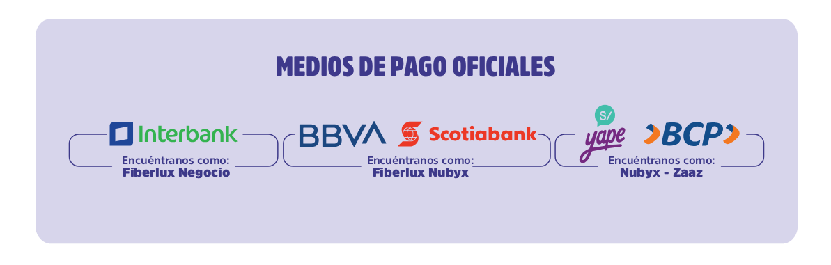 Medios de pago aceptados: Yape, BCP, Scotiabank, BBVA, Interbank y Agentes